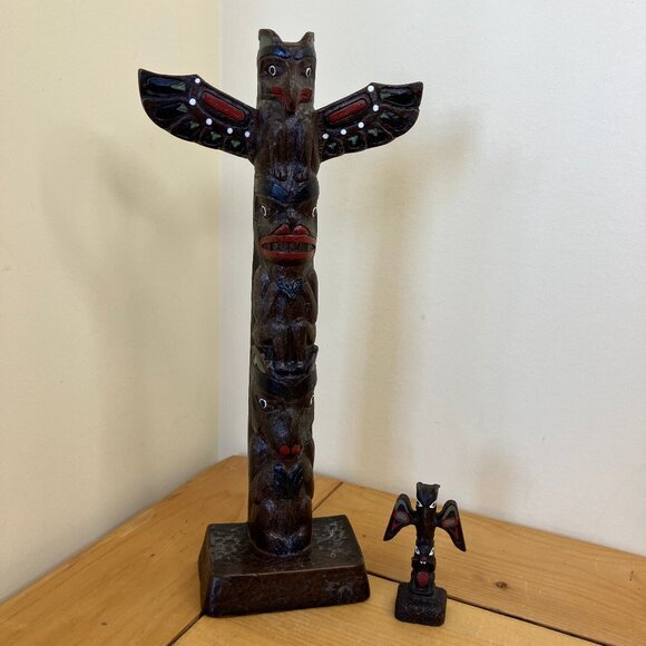 BOMA Haida Indigenous Art Totem Pole Figurine 11"+ Mini Totem Brown Resin Canada - Picture 1 of 9